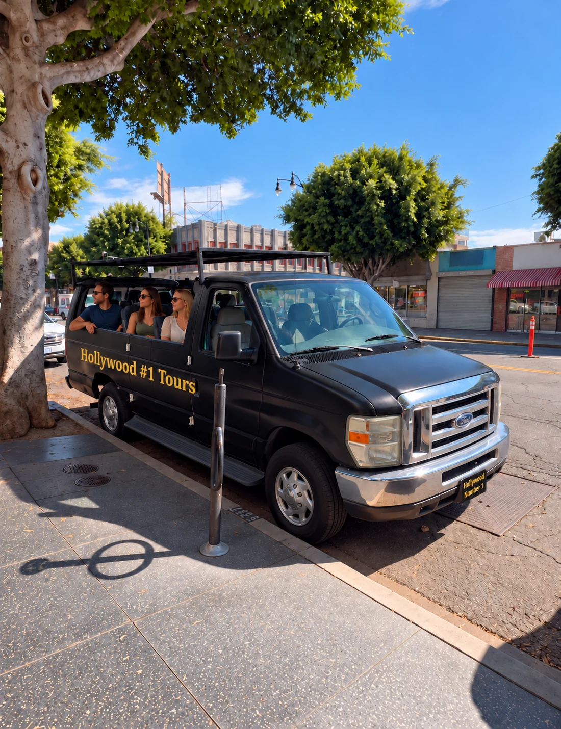 Illustrative edit of the business’s black sightseeing van with Hollywood #1 Tours lettering and generated passengers
